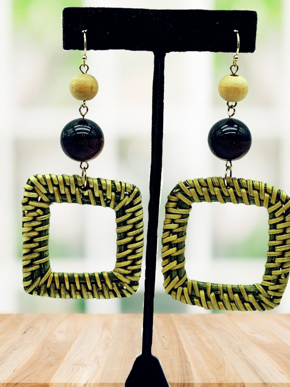 Boho Woven Rattan Square Drop Earrings Wood Bead Natural Lightweight